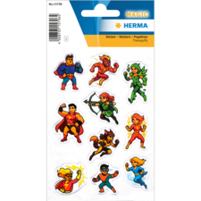 Fleurige stickers met verschillende superheldenfiguren in dynamische poses, waaronder vechters, een boogschutter en vliegende personages.