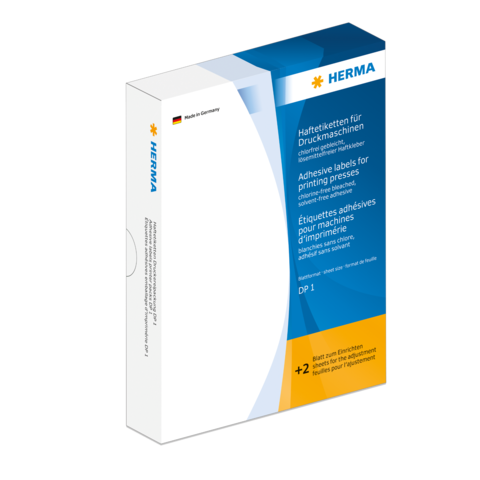 Herkömmliche Haftetiketten für Druckmaschinen in einer Verpackung von HERMA, mit Informationen zu Verwendung und Qualität.