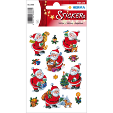 Aufkleber mit verschiedenen Weihnachtsmann-Motiven, die Geschenke, einen Weihnachtsbaum und festliche Dekorationen zeigen.
