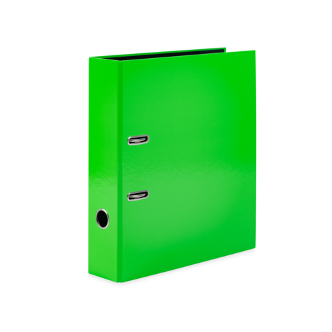 Ein leuchtend grüner Ordner mit zwei Metallklammern und einer Öffnung an der Seite.