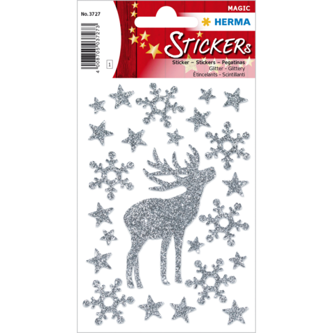 Glitzernde Aufkleber mit einem Rentier und Schneeflocken in verschiedenen Größen und Formen auf einem roten Hintergrund.