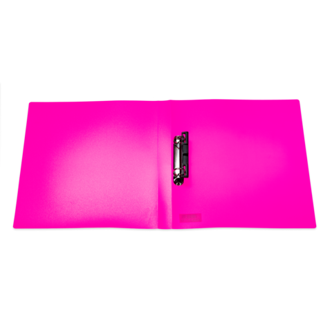 Ein leuchtend pinkfarbener Ordner mit einer Klammer in der Mitte, geöffnet und ohne sichtbare Inhalte.