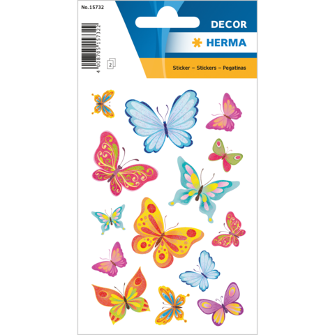 Bunte Schmetterlingsaufkleber in verschiedenen Farben und Designs auf einem weißen Hintergrund.