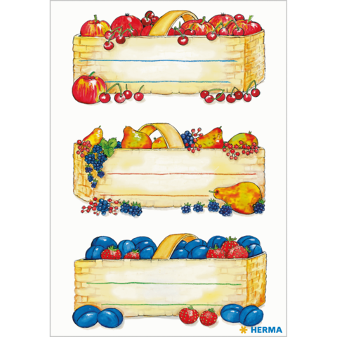 Drei Körbe mit verschiedenen Früchten: Äpfel, Kirschen, Birnen, Trauben und Pflaumen, jeweils in einem geflochtenen Korb angeordnet.