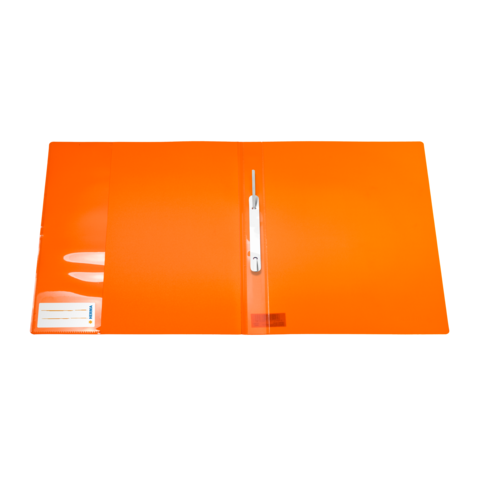 Oranger Ordner mit transparentem Deckel und einem weißen Stift.