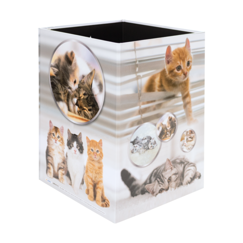 Ein Wäschekorb mit Bildern von verschiedenen Katzen, darunter spielende und ruhende Tiere in verschiedenen Posen.