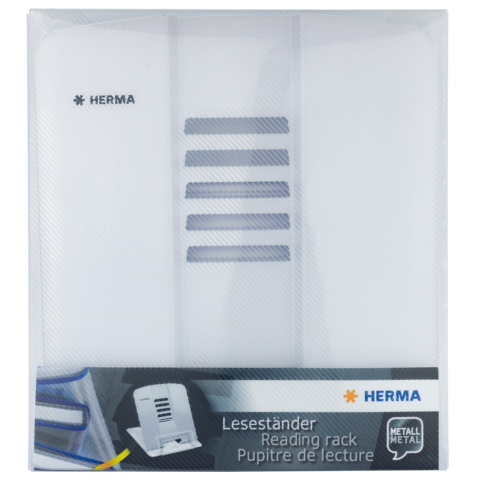 Leseständer von Herma in Weiß mit fünf horizontalen Schlitzen, verpackt in einer transparenten Hülle.