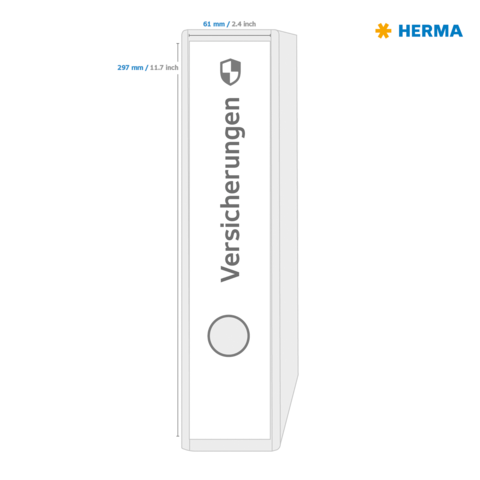 Ordner mit der Aufschrift "Versicherungen", Maße: 297 mm hoch, 61 mm tief, 65 mm breit. Hersteller: HERMA.