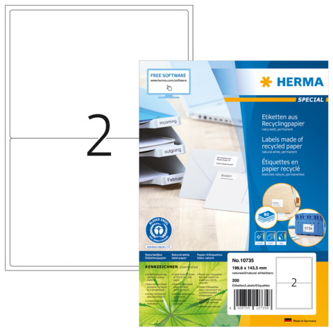 Etiketten aus Recyclingpapier in einer Verpackung mit der Aufschrift „HERMA SPECIAL“ und der Nummer 2. Enthält 200 Etiketten.