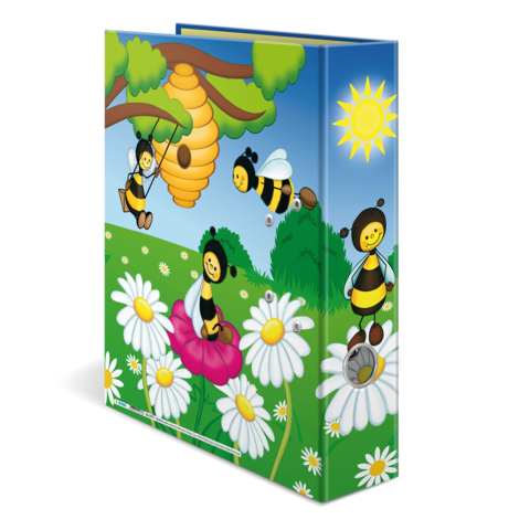 Bunte Schulmappe mit cartoonhaften Bienen, einem Bienenstock und Blumen auf einer Wiese, unter einem sonnigen Himmel.