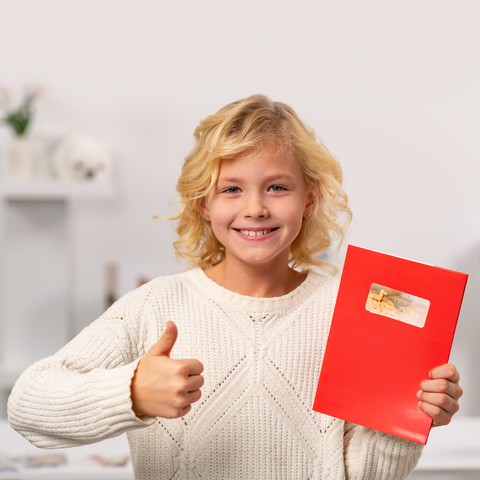 Een meisje met krullend, blond haar steekt haar duim omhoog en houdt een rode envelop met een sticker in haar hand.
