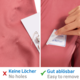 Ein rosa Stoff mit zwei Etiketten. Links steht "Keine Löcher" und rechts "Gut ablösbar" mit einem abziehbaren Namensschild.