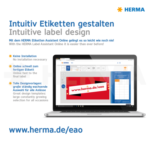 Intuitives Design für Etiketten mit dem HERMA Etiketten Assistenten. Online, keine Installation nötig, große Auswahl an Vorlagen.