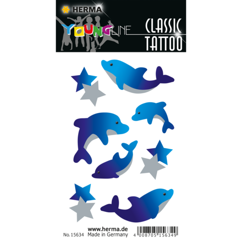 Bunte temporäre Tattoos mit Delfinen und Sternen in verschiedenen Blau- und Grautönen auf schwarzem Hintergrund.