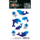 Bunte temporäre Tattoos mit Delfinen und Sternen in verschiedenen Blau- und Grautönen auf schwarzem Hintergrund.