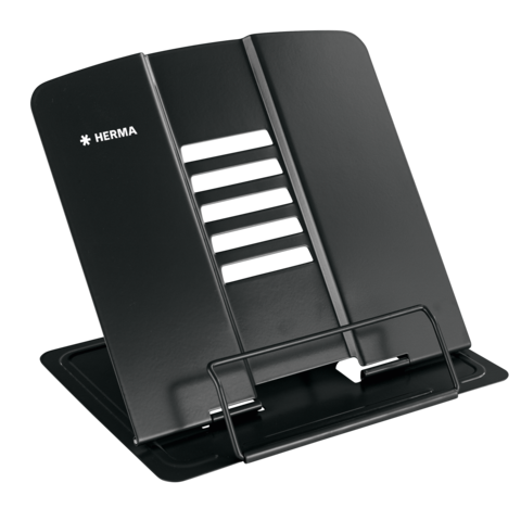 Schwarzer Dokumentenständer mit mehreren Fächern und einer Halterung, geeignet für das Halten von Unterlagen oder Tablets.