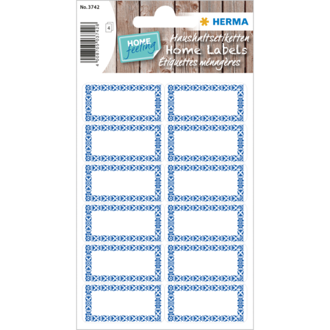 Haushaltsetiketten auf einem Bogen mit blauen Rahmen und Platz für Beschriftungen, ideal für die Organisation von Gegenständen.