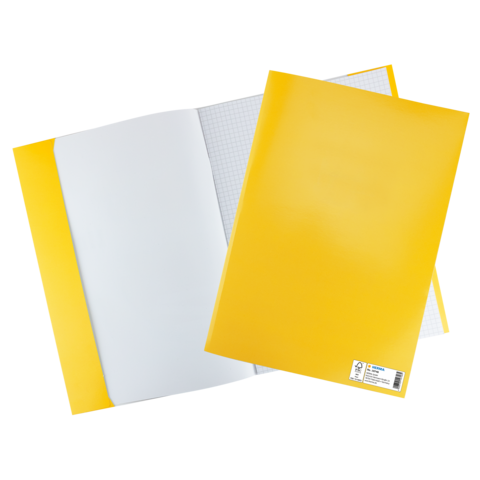 Gelbe Ordner mit einem weißen und einem karierten Blatt Papier, die offen auf einem weißen Hintergrund liegen.