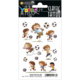 Bogen mit temporären Tattoos, die Kinder zeigen, die Fußball spielen und mit Bällen interagieren. Verschiedene Szenen und Charaktere sind abgebildet.