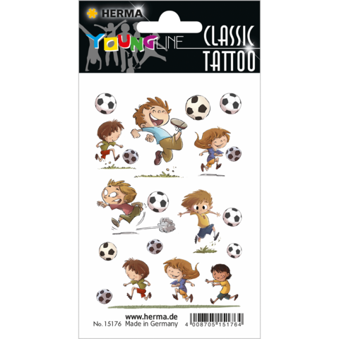 Bogen mit temporären Tattoos, die Kinder zeigen, die Fußball spielen und mit Bällen interagieren. Verschiedene Szenen und Charaktere sind abgebildet.