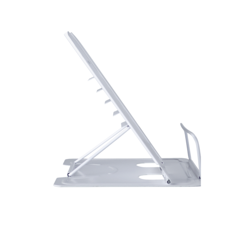 Ein verstellbarer, weißer Laptop-Ständer in seitlicher Ansicht, der eine geneigte Position für bessere Ergonomie bietet.