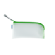 Transparente Federtasche mit grünem Reißverschluss und grauem Anhänger. Ideal für Stifte und kleine Utensilien.