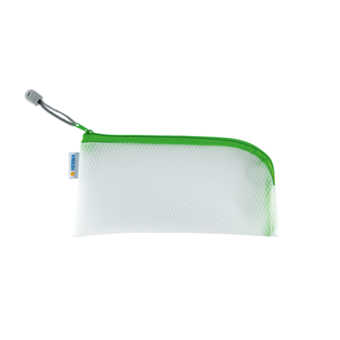 Transparente Federtasche mit grünem Reißverschluss und grauem Anhänger. Ideal für Stifte und kleine Utensilien.
