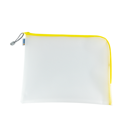 Transparente Tasche mit gelbem Reißverschluss, geeignet zur Aufbewahrung von Schreibwaren oder kleinen Gegenständen.