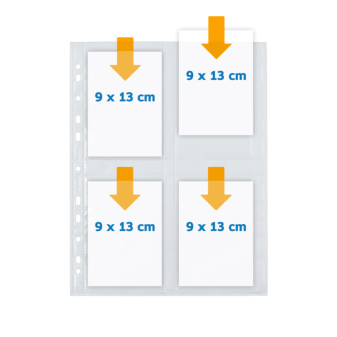 Vier Taschen für Fotos im Format 9 x 13 cm, mit orangefarbenen Pfeilen, die die Platzierung der Bilder anzeigen.