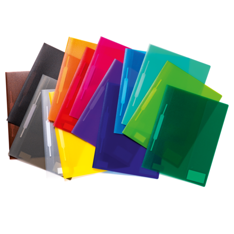 Bunte Kunststoffordner in verschiedenen Farben, angeordnet in einer Überlappung.