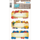 Bunte Etiketten für Lebensmittel mit Illustrationen von Obst und Gemüse, ideal zum Beschriften von Vorratsbehältern.