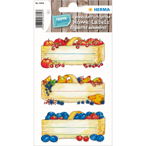 Bunte Etiketten für Lebensmittel mit Illustrationen von Obst und Gemüse, ideal zum Beschriften von Vorratsbehältern.