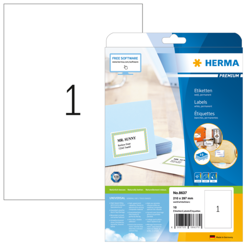 Etikettenpackung von HERMA mit einem Beispieletikett für "MR. SUNNY". Enthält 10 Etiketten in der Größe 210 x 297 mm.