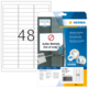 Packung mit ablösbaren Etiketten von Herma, inklusive 48 leeren Etiketten auf einem Bogen. Hinweise auf Software und Nutzung.
