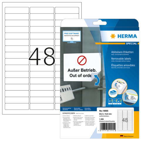 Packung mit ablösbaren Etiketten von Herma, inklusive 48 leeren Etiketten auf einem Bogen. Hinweise auf Software und Nutzung.