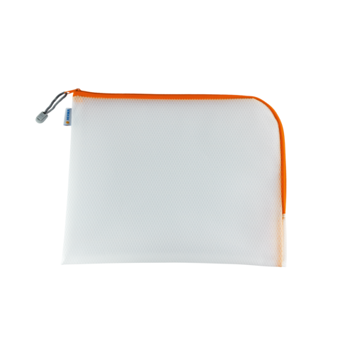 Weiße Tasche mit orangefarbener Reißverschlusskante, geeignet für die Aufbewahrung von Schreibwaren oder kleinen Gegenständen.