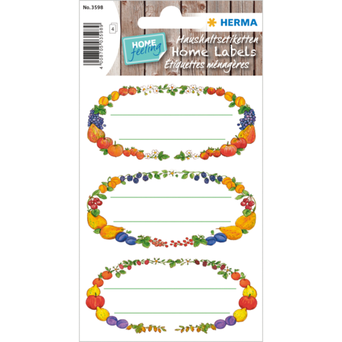 Bunte Etiketten mit verschiedenen Fruchtmotiven, drei Reihen mit leeren Beschriftungsfeldern für persönliche Notizen oder Beschriftungen.
