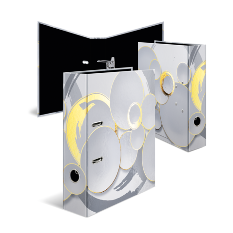 Ein moderner, faltbarer Messestand mit einem grafischen Design aus Kreisen in Grau, Weiß und Gelb.