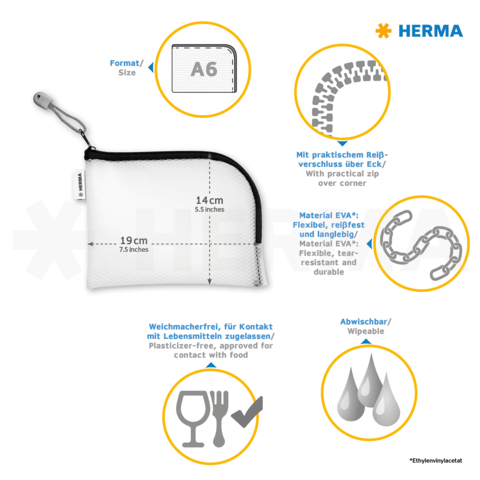 A6-format Tasche mit Reißverschluss, aus flexiblem und langlebigem EVA-Material, abwaschbar und lebensmittelecht.
