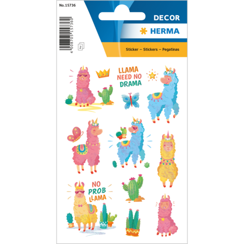 Bunte Aufkleber mit Lamas in verschiedenen Posen, umgeben von Pflanzen und Sprüchen wie "Llama need no drama" und "No prob llama".