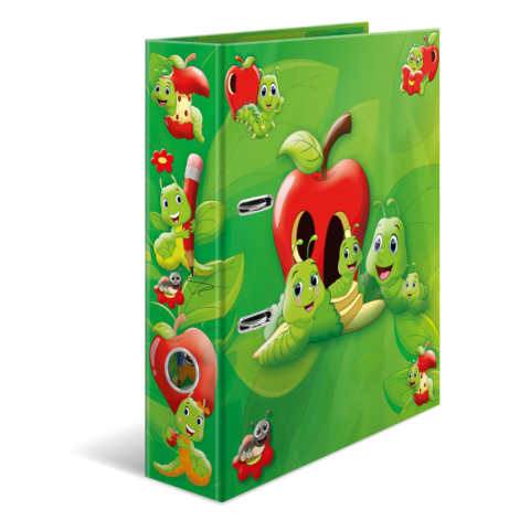 Ein grüner Ordner mit cartoonhaften Raupen, Äpfeln und Blättern, dekoriert mit bunten, fröhlichen Motiven.