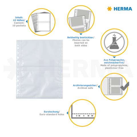 Transparente Sammelhülle mit 10 Taschen, aus Polypropylen, beidseitig bestückbar, archivierungssicher und mit Eurolochung.