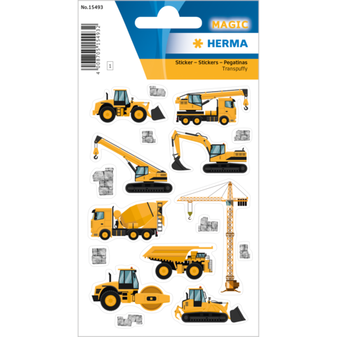 Aufkleber mit verschiedenen Baumaschinen, darunter Bagger, Lkw und Kräne, in Gelb und Schwarz auf weißem Hintergrund.