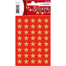 Rote Sticker mit goldenen Sternen in einem regelmäßigen Muster, verpackt auf einer Karte. Ideal für Dekoration oder Bastelprojekte.