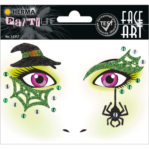 Gesichtsmalset mit glitzernden Augenaufklebern, einschließlich einer Hexenhut- und Spinnennetzgestaltung sowie einer schwarzen Spinne.