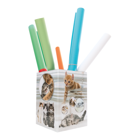 Ein Behälter mit bunten Markern, verziert mit Bildern von Katzen, darunter verschiedene Katzenarten und -posen.