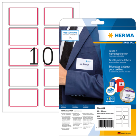 Ein Blatt mit 10 beschriftbaren Namensetiketten und eine Verpackung mit 200 Etiketten für Textilien von Herma.