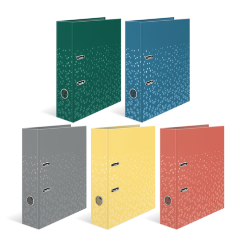 Fünf Ordner in verschiedenen Farben (grün, blau, grau, gelb, rot) mit einem dekorativen Muster und zwei Hebelmechanismen.