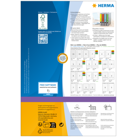 Produktinformation für HERMA, einschließlich Etiketten und Software. Enthält QR-Code und Anleitungen zur Verwendung von Ordneretiketten.