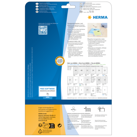 Rückseite einer Verpackung für transparente Etiketten von HERMA mit Anweisungen und einem Hinweis auf kostenlose Software.